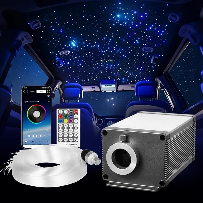 VEVOR Starlight Headliner Kit, 450 pcs 0.03 in 9.8 ft, 16W Twinkle Fiber Optic Star Ceiling Lights for Car, Bluetooth APP, Remote Control, Sound Activated, RGBW Light Engine, for Home Bed Room Decor
