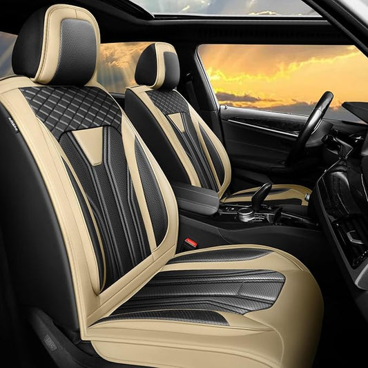 Fit Frontier Car Seat Covers Compatible with Nissan Frontier 2010-2025 2026 -Full Set Premium Leather， Waterproof Breathable， All-Weather Seat Cushion Protecto&Airbag Compatible （Beige & Black