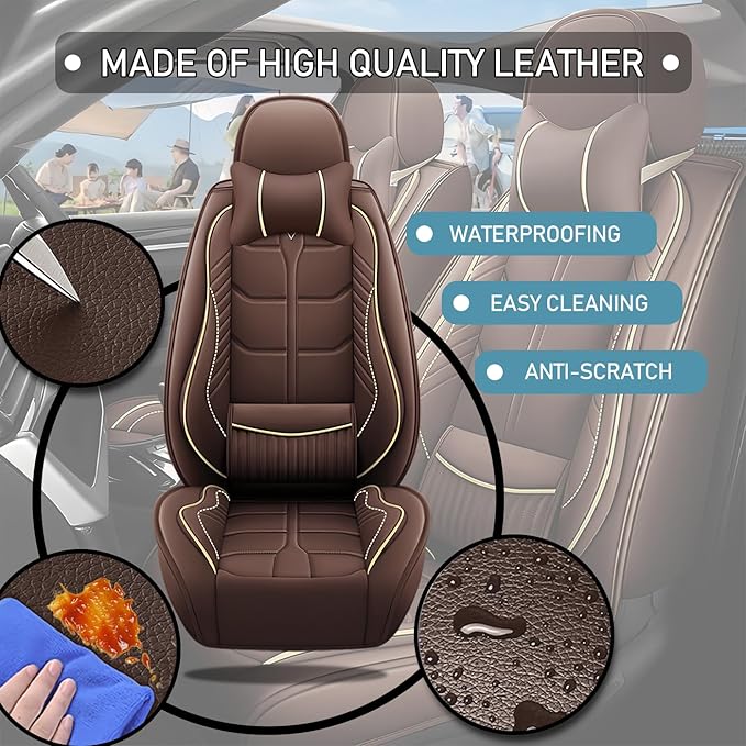 Leather Car Seat Covers Fit for Toyota 4Runner 1991-2024, 5 Seater Car Seat Cover, Premium Waterproof, Scratch Resistant Car Interior Accessories (Full Set with Pillow Coffee)