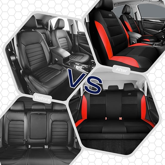 Skechers Aircooled & Memory Foam Seat Covers,Premium Leather with EVA Mesh Car Seat Covers,Seat Cover Full Sets,Airbag Compatible Automotive Comfort for Most Cars, Vans, Trucks, SUV,Red