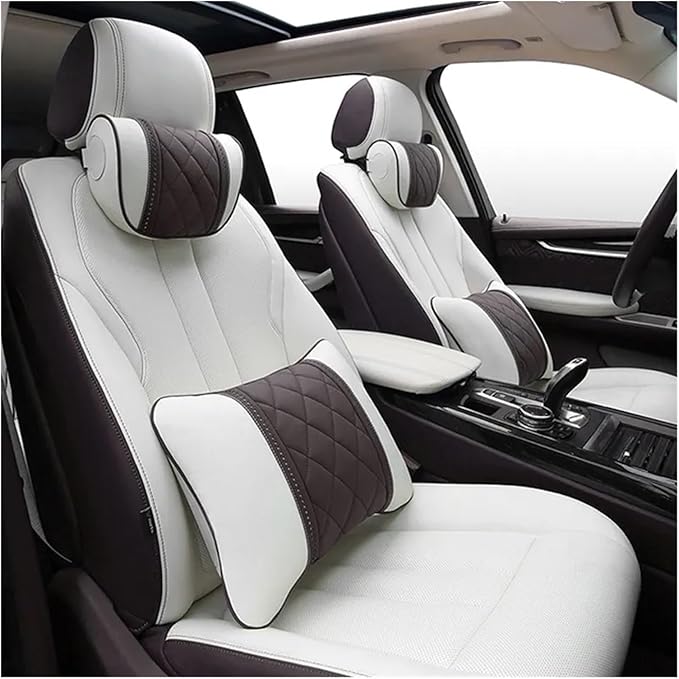 Car seat headrest Leather Car Fit for Seat Rest Cushion Headrest Car Neck Pillow Fit for BMW (Color : Beige black-01)