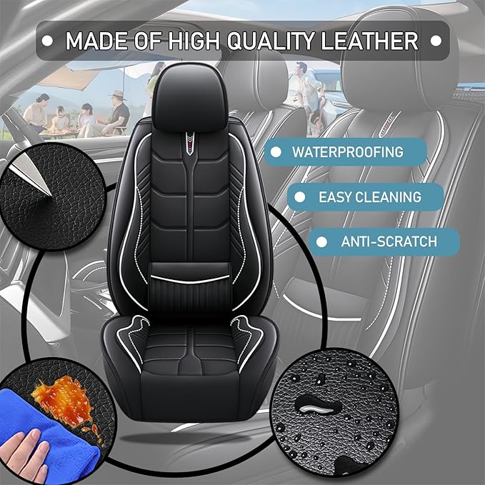 Leather Car Seat Covers Fit for Toyota Camry Solara 2004-2008, 5 Seater Car Seat Cover, Premium Waterproof, Scratch Resistant Car Interior Accessories (Full Set Black White)