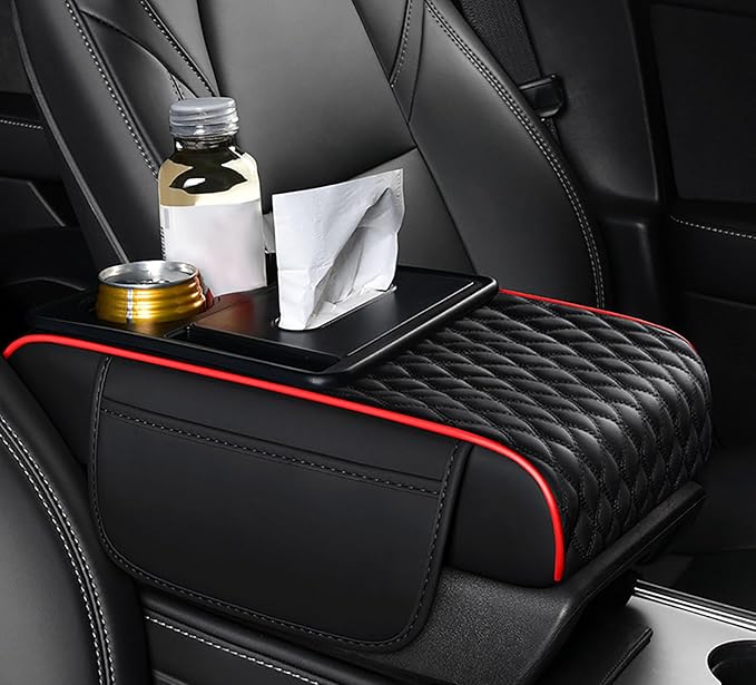 Car Armrest Center Console Cover for Cadillac Escalade 1999–2025, Center Console Pad with Cup Holder, Multifunctional Armrest Cushion,A Black+Red