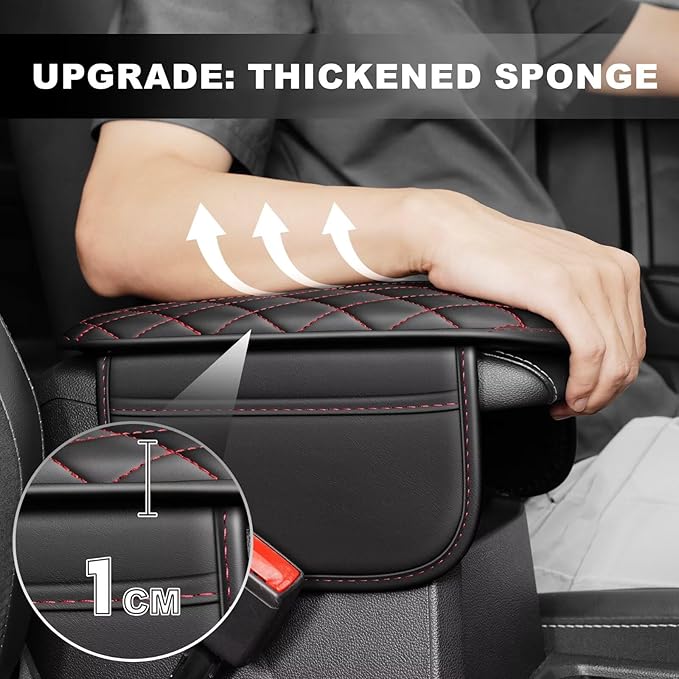 Upgraded Car Center Console Cover Fit for Land Cruiser Faux Leather Car Armrest Cover Cushion with 2 Storage Bags,Car Armrest Storage Box Interior Accessories(Black&Redline)