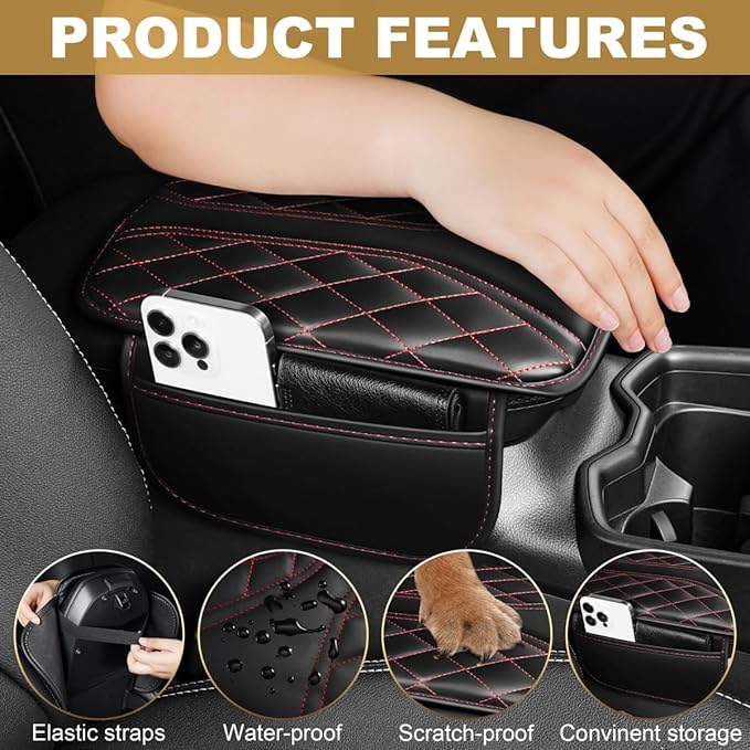 Center Console Cover Fit for Land Cruiser Scratch & Wear Resistant Waterproof Middle Console Cover with 2 Storage Bags(Black&Redline)
