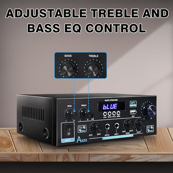 AK55 Bluetooth 5.0 Amplifier Home Audio, 2.0 Channel Max 450W Power Stereo