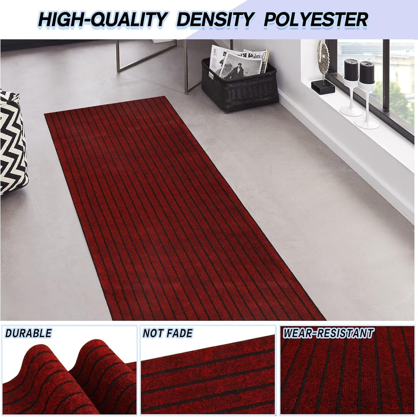 Custom Size Backed Non-Slip Area Rugs Runner, Easy Clean, Waterproof Runner Rugs for Hallway Entryway, Kitchen, Laundry, 2FT x 24FT, Red Stripe