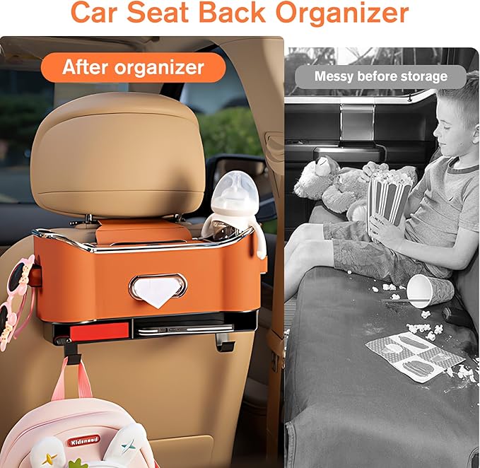 Multifunctional Car Seat Back Storage Box, Universal Car Seat Organizer, Car Seat Tissue Box and Organizer, Car Seat Paper Towel Organizer， Car Organizer with 2 Drink Cup Holders (White)