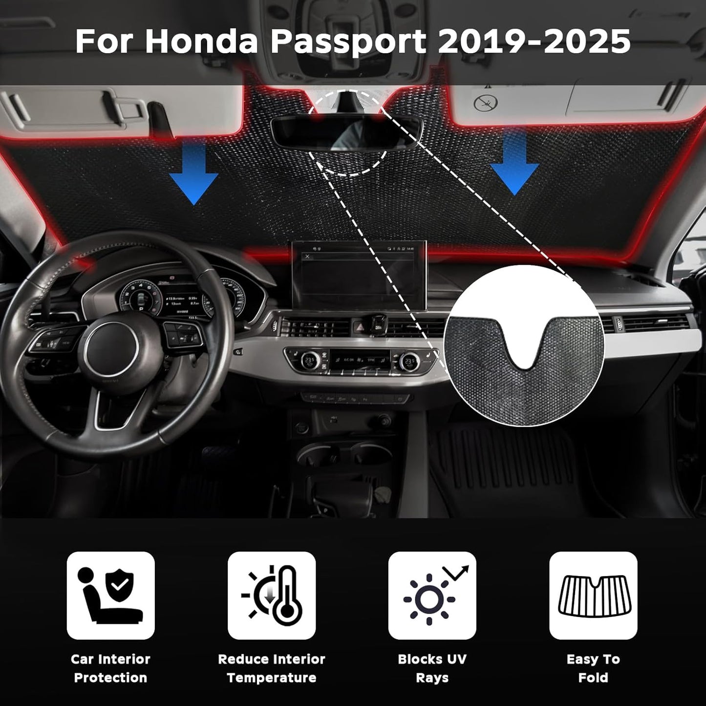 Windshield Sun Shade for 2019-2025 Honda Passport Sport EX-L Touring Elite - 5-Layer Bubble Foldable Front Window Shade Sun Visor Accessories - Blocks Heat & UV Rays