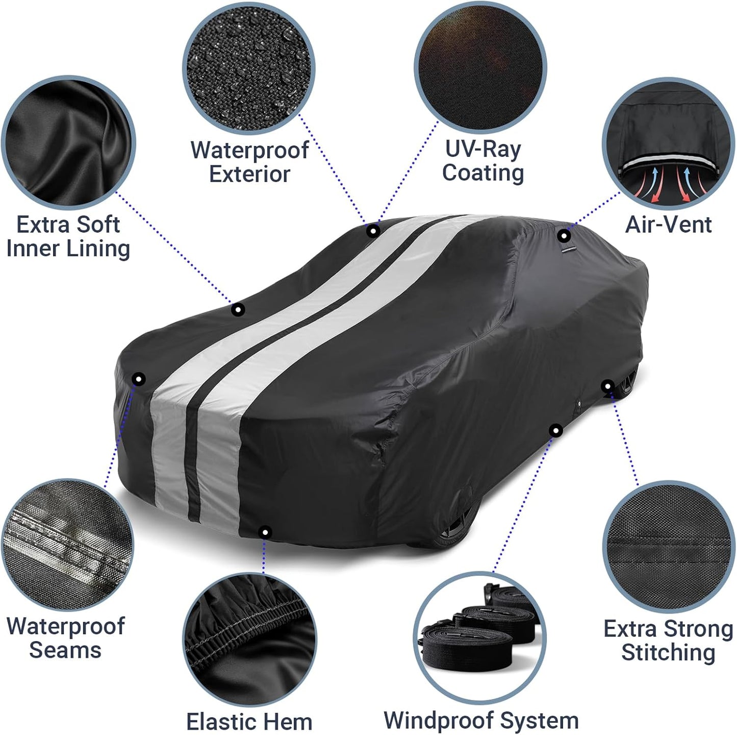 iCarCover Custom Car Cover for Pontiac Safari Wagon (1977-1989) Waterproof All-Weather Rain Snow UV Sun Protector Full Exterior Indoor Outdoor Car Cover (Stripe - Black/Gray)