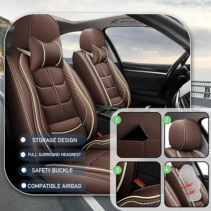 Leather Car Seat Covers Fit for Toyota Corolla Hatchback 2019-2024, 5 Seater Car Seat Cover, Premium Waterproof, Scratch Resistant Car Interior Accessories (Full Set with Pillow Coffee)