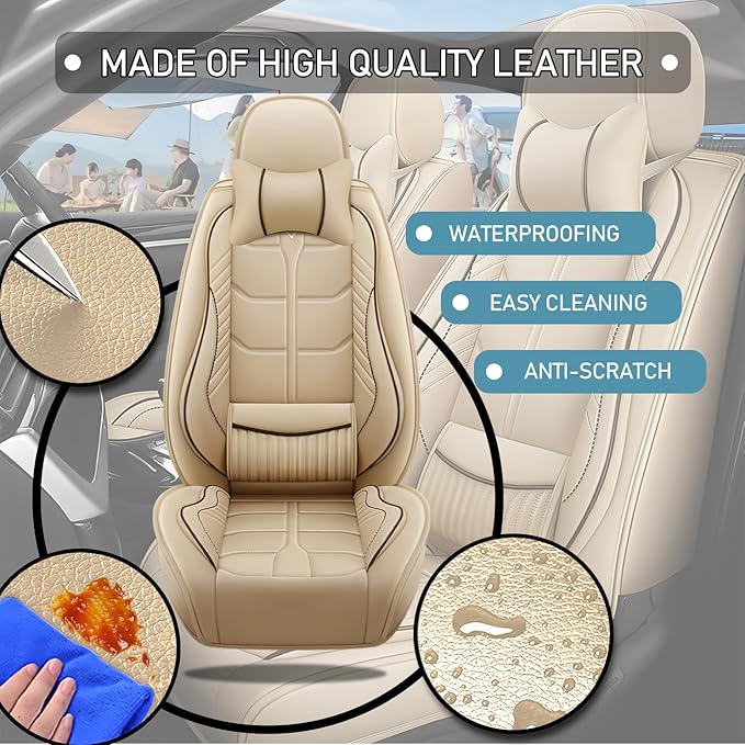 Leather Car Seat Covers Fit for Toyota RAV4 Hybrid 2016-2024, 5 Seater Car Seat Cover, Premium Waterproof, Scratch Resistant Car Interior Accessories (Full Set with Pillow Beige)