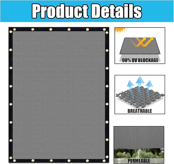 Amagenix 90% Shade Fabric 6'X 12' Gray Sun Shade Cloth with Grommets for Pergola Replacement Shade Cover Canopy, Heavy Duty, Cable Zip Ties Included (We Customized)