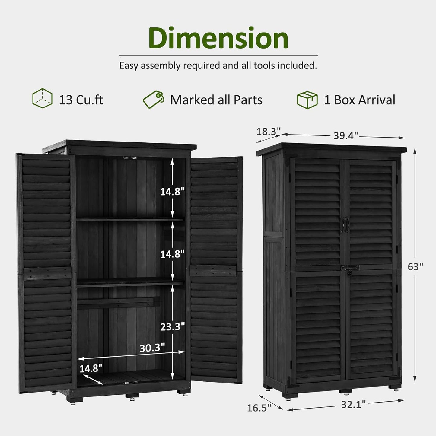 MCombo Outdoor Storage Cabinet, Garden Storage Shed, Outside Vertical Shed with Lockers, Outdoor 63 Inches Wood Tall Cabinet for Yard and Patio 0870 (Black)