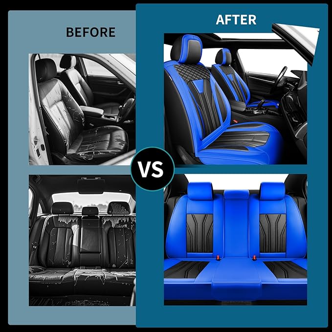 Fit Kona Car Seat Covers for Select Hyundai Kona 2018-2025 2026. Premium Leather, Waterproof， Breathable, Scratch-Resistant & All-Weather Seat Cushion Protector (Front Pair, Blue&Black)