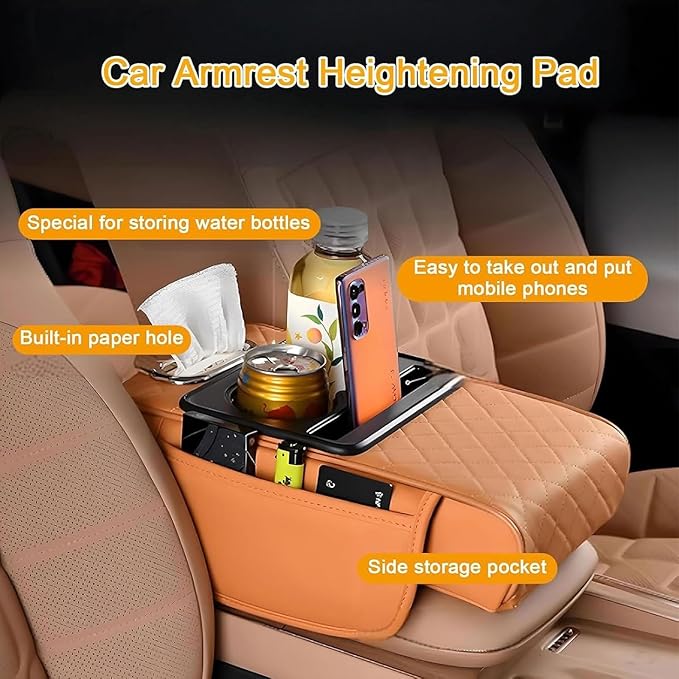 Car Center Console Cover for Hyundai Tucson 2021-2024, Leather Armrest Cushion Protector Pad with Tissue Box Holder Storage Pockets Cup Holder Phone Slot,A/Black