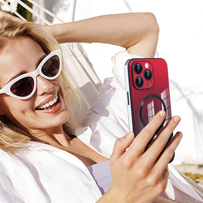 Guppy Compatible with iPhone 13 Pro with MagSafe Case, Magnetic Gradient Case with MagSafe Charging, Gradient Glass Back Cover with Lens Film-Red
