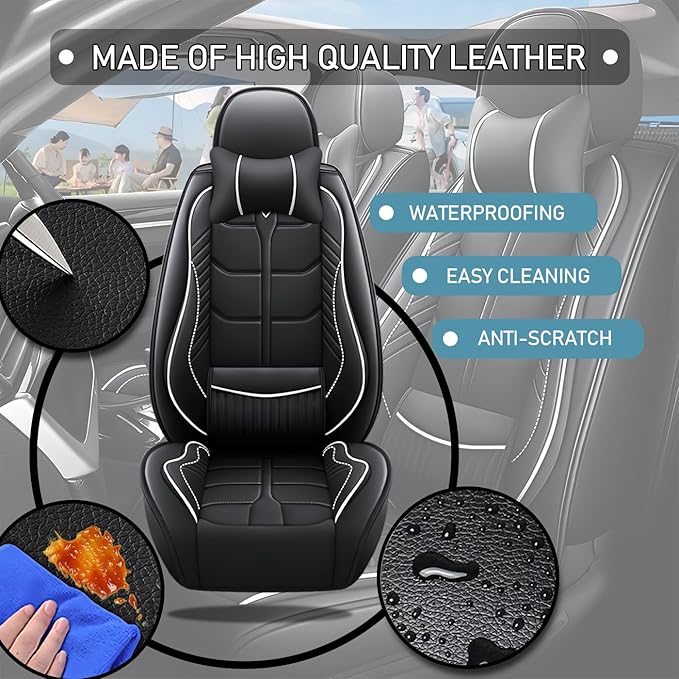 Leather Car Seat Covers Fit for Toyota Sienna 1997-2024, 5 Seater Car Seat Cover, Premium Waterproof, Scratch Resistant Car Interior Accessories (Full Set with Pillow Black White)