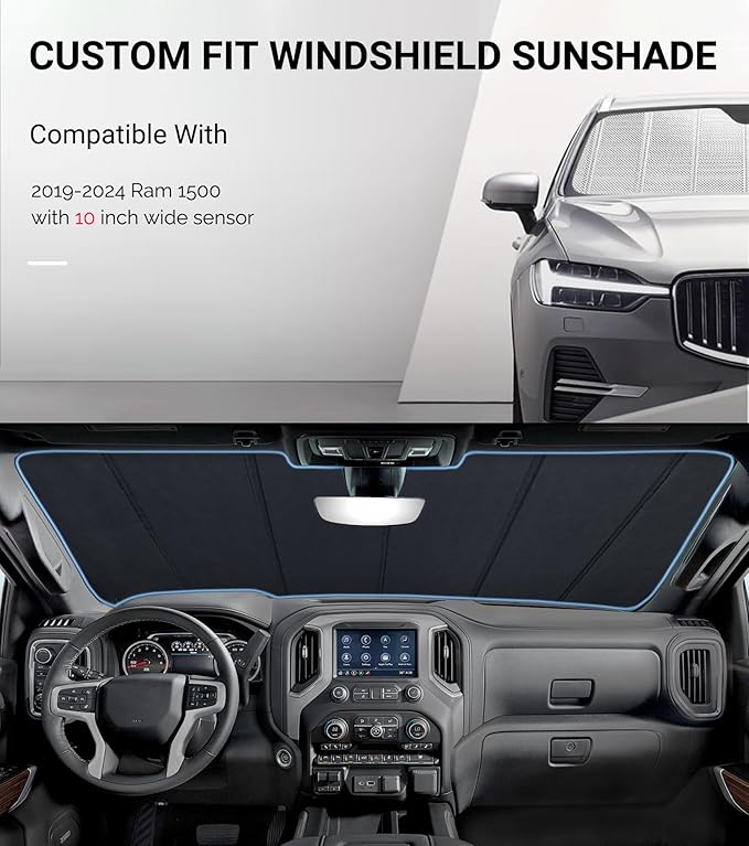 Windshield Sun Shade for Ram 1500 2019-2025 with 10 Inch Wide Sensor. Reflective Aluminum Film Front Window Sunshade - BLAZBLOCK