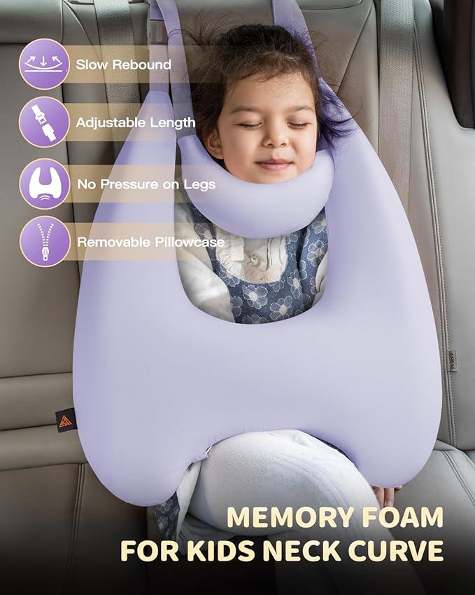 Memory Foam Kids Travel Pillow, Car Pillow for Kids, H-Shape Car Pillows for Sleeping, Removable Pillowcase, Adjustable, Porous Dots, Purple