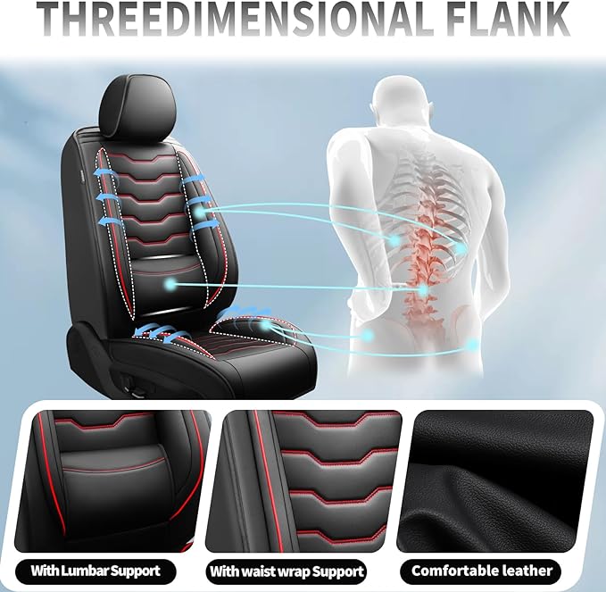 Fit Versa Car Seat Covers Compatible with Nissan Versa 2008-2025 2026 - Full Set Premium Leather， Waterproof Breathable， All-Weather Seat Cushion Protecto&Airbag Compatible（Red Line Black