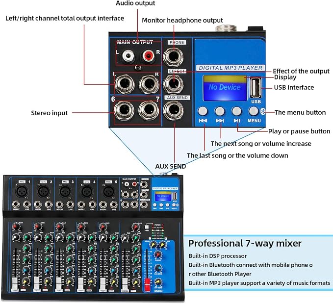Depusheng HT7 Bluetooth Portable Audio Mixer w/USB DJ Sound Mixing Console MP3