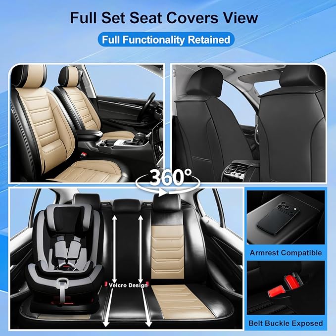 Fit Impala Car Seat Covers for Chevrolet/Chevy Impala 2000-2020, Premium Full Coverage Leather, Airbag Compatible, Waterproof All Weather Breathable Seat Protector, Full Set, Black+Beige
