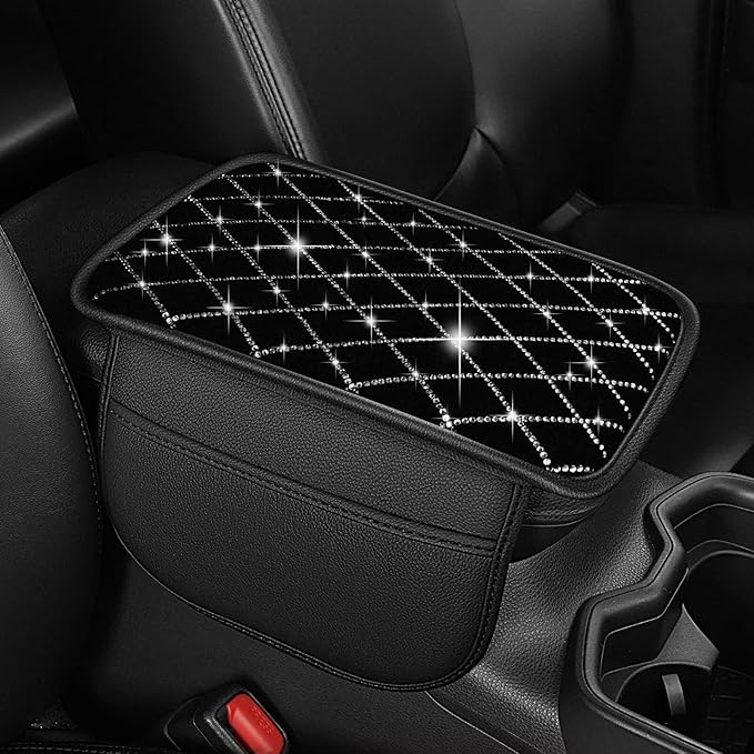 Bling Center Console Cover with 2 Side Pockets Fit for bZ4X Multi-Functional Car Armrest Cushion Diamond-Studded Rhombus Pattern Style(Black&Silver Diamond)