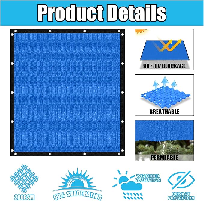Amagenix 90% Pergola Shade Cover 8' X 16' Sun Shade Cloth with Grommets for Outdoor Garden Patio Porch, Commercial Grade 200 GSM - Cable Zip Ties Included (We Customized) GN108, Blue