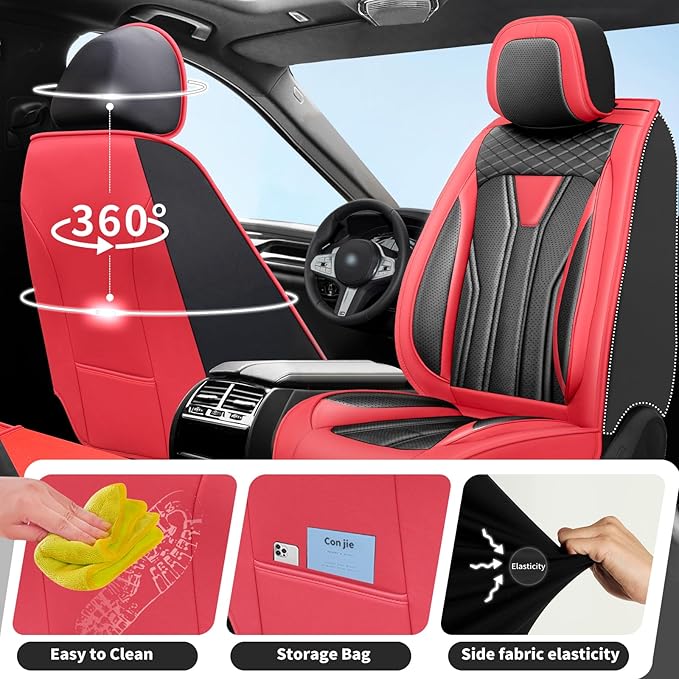 Fit Prius Car Seat Covers for Toyota Prius 2001-2026 -Premium Leather, Waterproof Stain-Resistant, Breathable，All-Weather Seat Cushion Protecto & Airbag Compatible, 2 Front Seat Red & Black