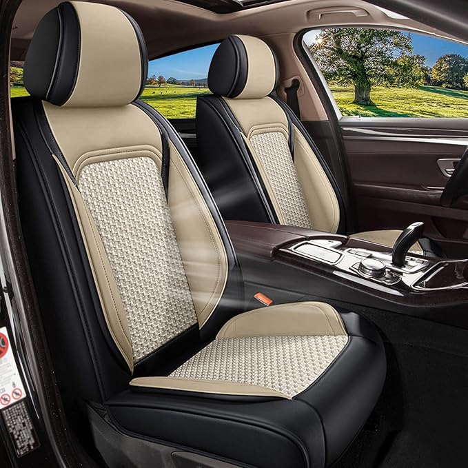 for Fit Toyota Highlander 2008-2025 2026: Full Set Breathable Cool Ice Silk Leather Seat Covers Car Seat Covers (Black & Beige)