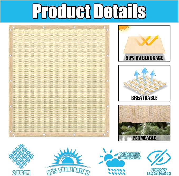 Amagenix 90% Pergola Shade Cover 8' X 10' Sun Shade Cloth with Grommets for Outdoor Garden Patio Porch, Commercial Grade 200 GSM - Cable Zip Ties Included (We Customized) GN108, Wheat