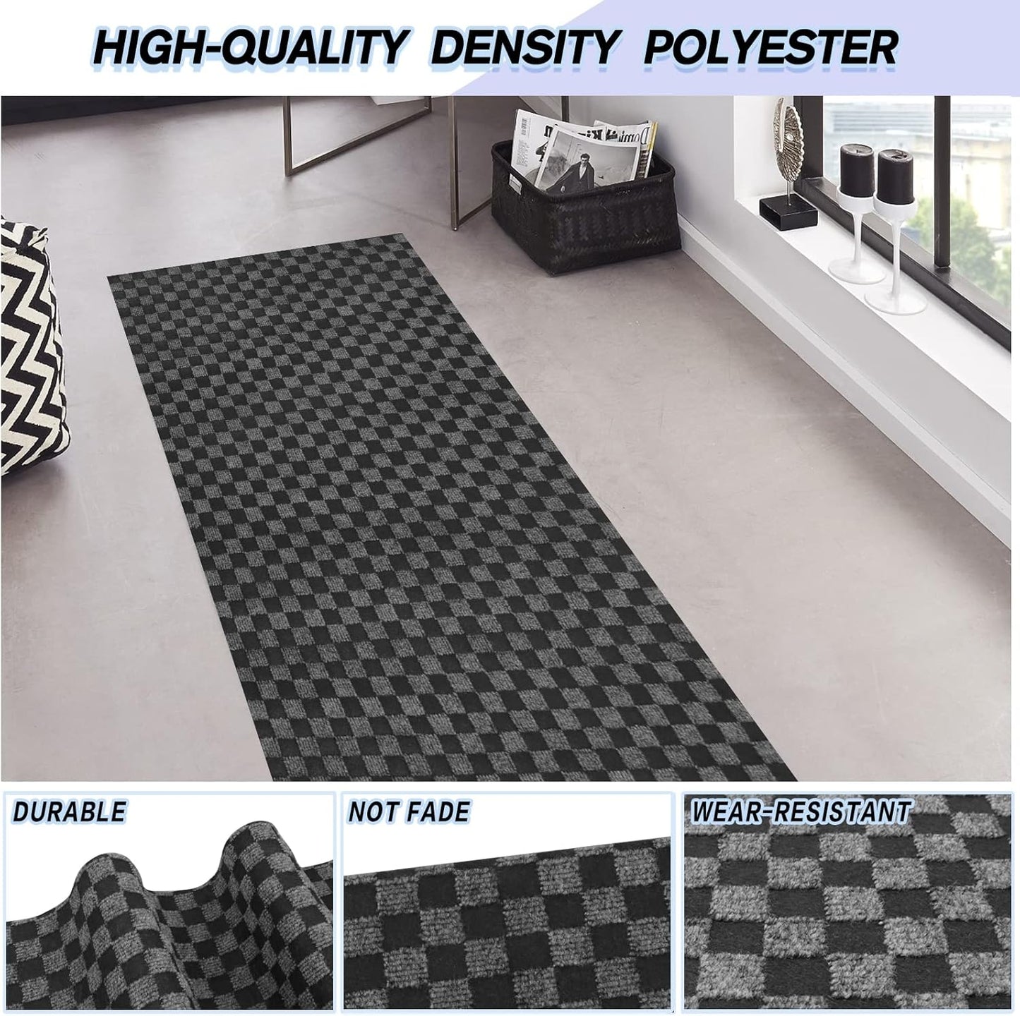 Custom Size Backed Non-Slip Area Rugs Runner, Easy Clean, Waterproof Runner Rugs for Hallway Entryway, Kitchen, Laundry, 4FT x 69FT, Gray Checkered