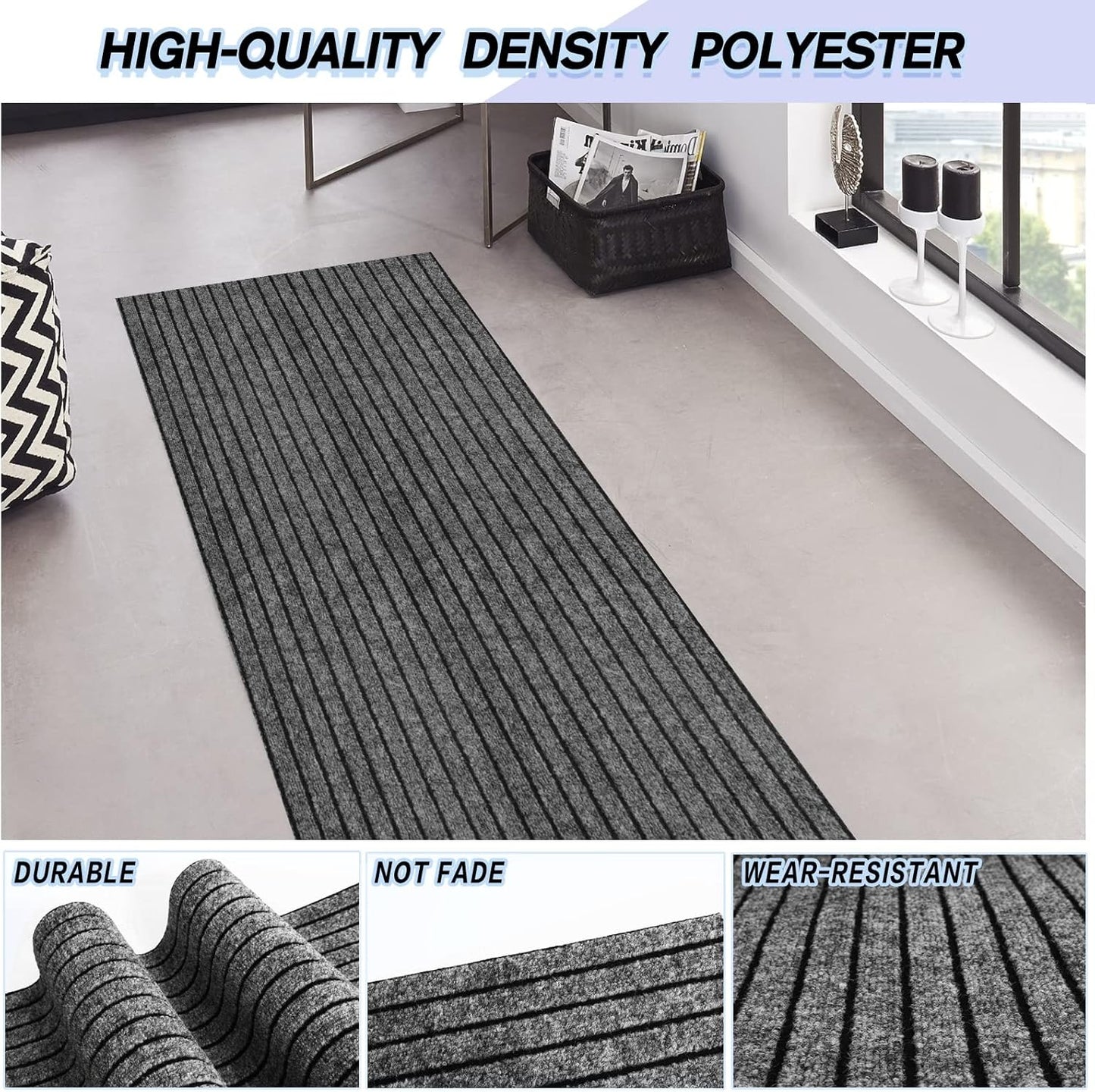 Custom Size Backed Non-Slip Area Rugs Runner, Easy Clean, Waterproof Runner Rugs for Hallway Entryway, Kitchen, Laundry, 3FT x 10FT, Gray Stripe