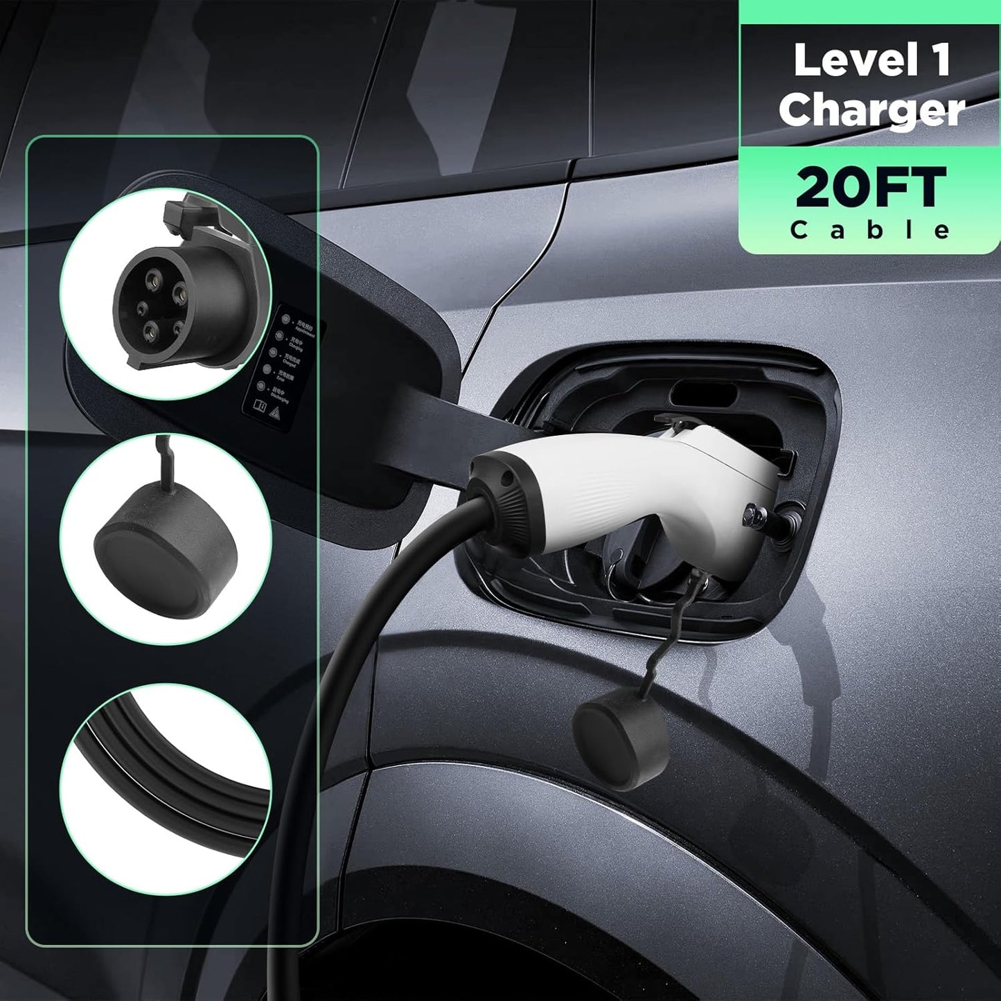 Level 1 EV Charger, 15A 110V Nema 5-15 Plug, Portable Electric Car Charger with 20FT Cable, Home Charging Station for All J1772 Electric Cars