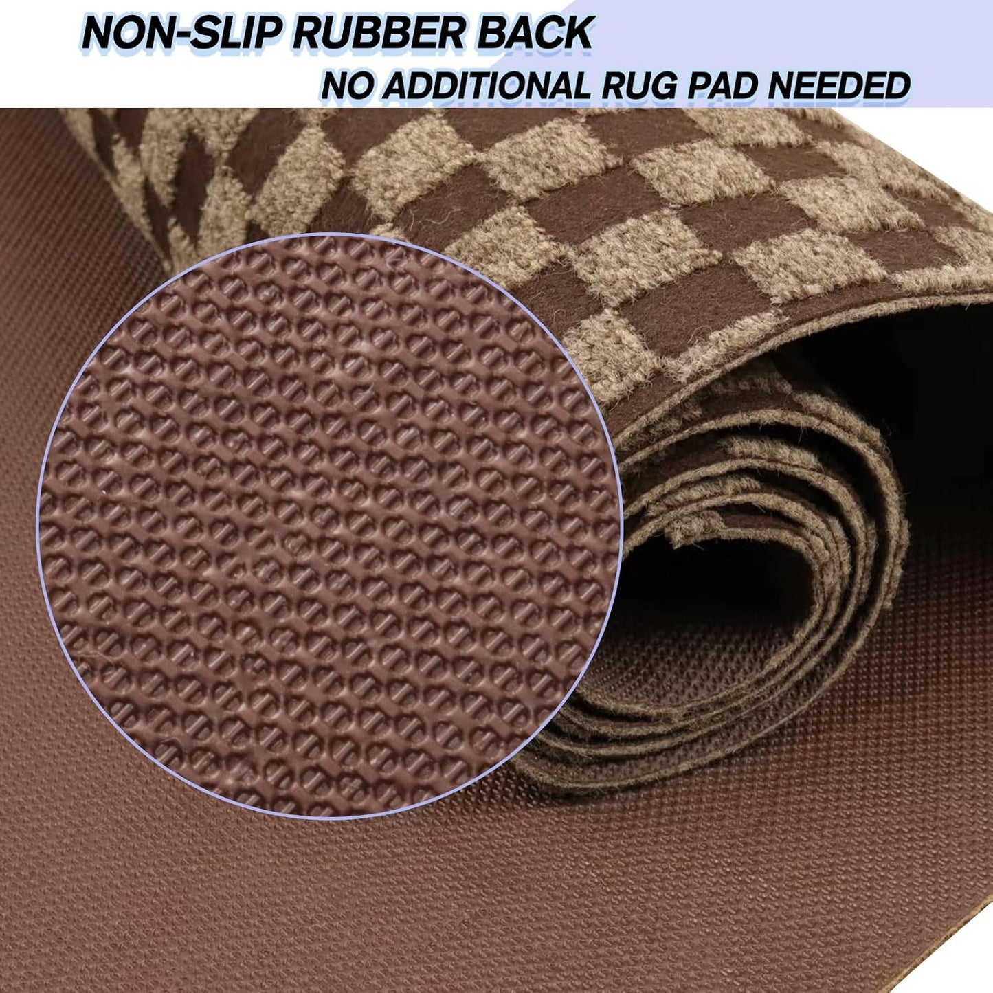 Custom Size Backed Non-Slip Area Rugs Runner, Easy Clean, Waterproof Runner Rugs for Hallway Entryway, Kitchen, Laundry, 4FT x 58FT, Brown Checkered