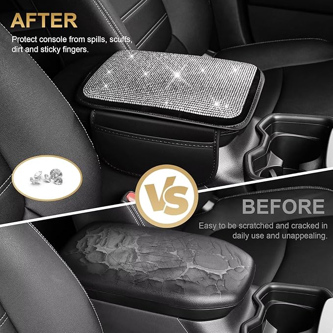 Bling Center Console Cover Fit for Toyota Corolla Cross with 2 Storage Bags Fully Diamond-Studded Style Center Console Armrest Cover with Total Protection(Silver Diamond)