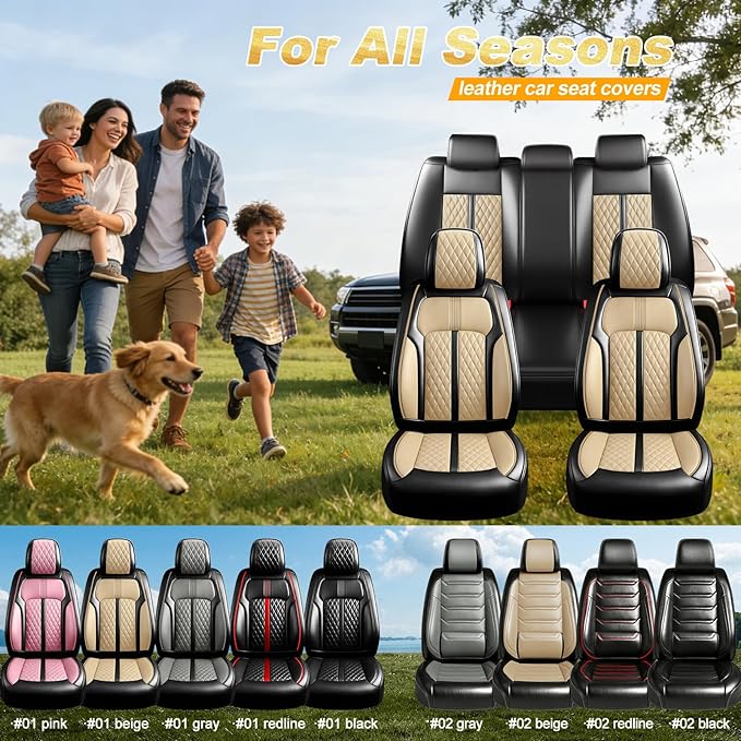 Fit Impala Car Seat Covers for Chevrolet/Chevy Impala 2000-2020, Premium Full Coverage Leather, Airbag Compatible, Waterproof All Weather Breathable Seat Protector, Full Set, Black+Beige
