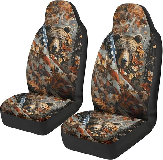 Camouflage Hunting Bear Car Seat Covers Breathable Front Seat Covers Easy Installation Stretch Polyester Fabric Cover Protection Interior Accessories Universal Fit Most Cars SUV