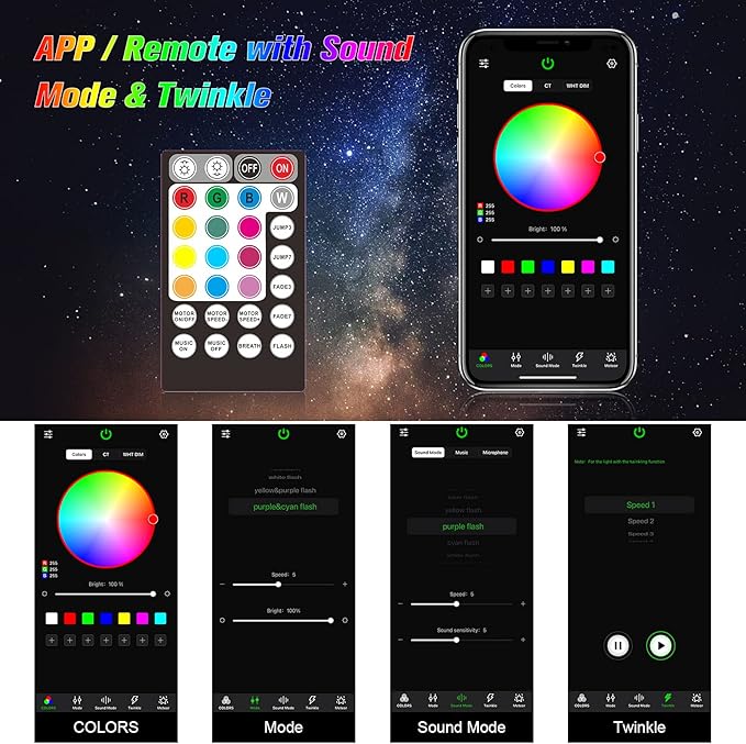 CHINLY Twinkle 400pcs 9.8ft (0.03in+0.04in+0.06in) Fiber Optic Lights Starlight Headliner kit, Music Mode Bluetooth APP Control Remote,RGBW Twinkle Star Lights for Star Headliner/Home Ceiling/Theater