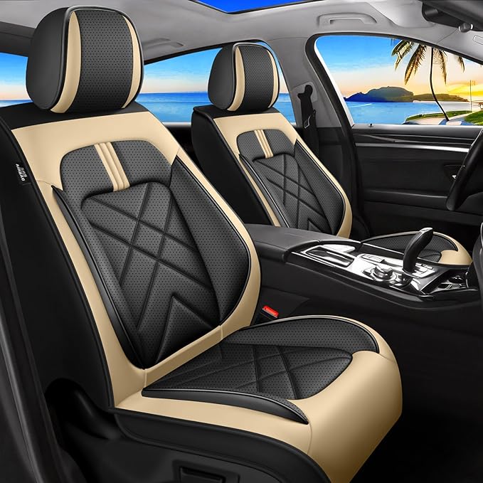 CX-70 Car Seat Covers Fit for Mazda CX-70 2025-2026, Full Coverage Premium Leather Waterproof Breathable Seat Covers, Automotive Seat Protectors, Airbag Compatible(Full Set Seats, Black Beige)