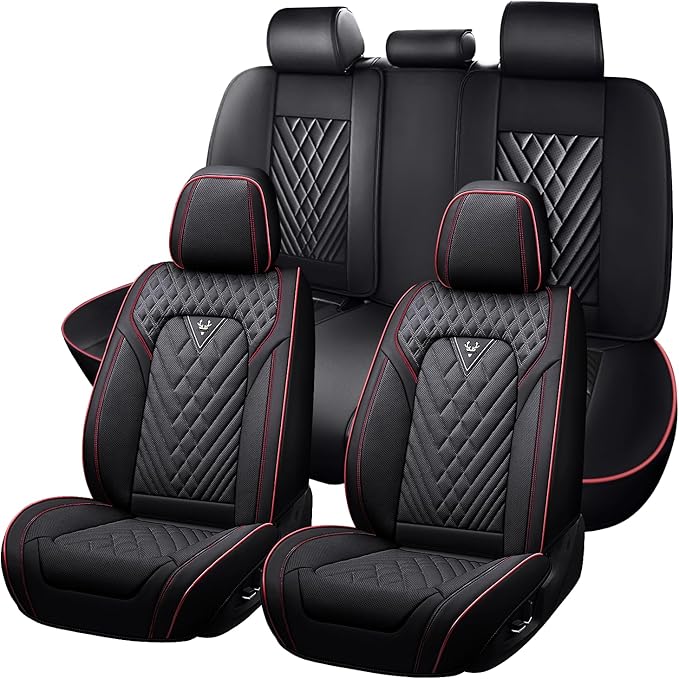Truck Seat Covers for Ram 2500 2009-2026, Waterproof Premium Leather Full Coverage Car Seat Cover, Muscle Sport Style Auto Interior Seat Cover Sets (Full Set/Black Red)