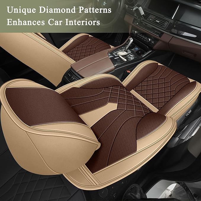 Breathable Car Seat Covers for Nissan Juke 2017 2016 2015 2014 2013 2012 2011, Perforated Leather Full Set 5 Seats, for Nissan Juke Accessories (Beige&Brown)