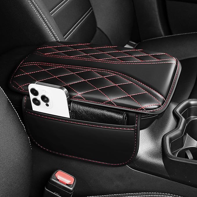 Center Console Cover Fit for Kia Soul 2010-2025 with 2 Storage Bags Waterproof Leather Quilted Pattern Car Armrest Cover Cushion Anti - Slip(002#Black&Red Line)