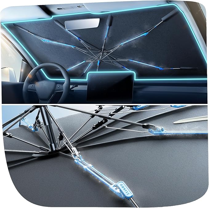 Upgraded Nmoiss Windshield Sun Shade Umbrella [Ice Rib] High Speed Cooling 99% UV Blocking Protects Car from Sun and Heat Damage, Keeps Cool and Protects Interior Large (61" L x 35" W)