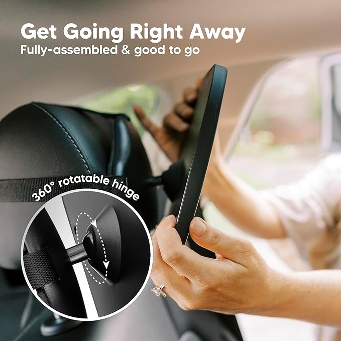 KeaBabies Shatterproof Baby Car Mirror, Backseat - Large Safety Car Seat Mirror for Baby Rear Facing, 360 Crystal Clear View, Accessories for Removable Headrest, Easy Install & Adjust (Sleek Black)