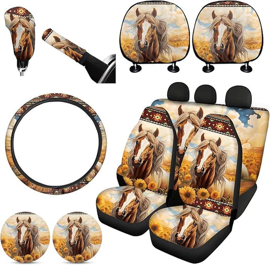 FKELYI Sunflower Horse Car Seat Covers Full Set with Headrest, Cup Coasters, Gear Shift, Handbrake, Steering Wheel Covers, Southwestern Tribal Aztec Auto Seat Accessories