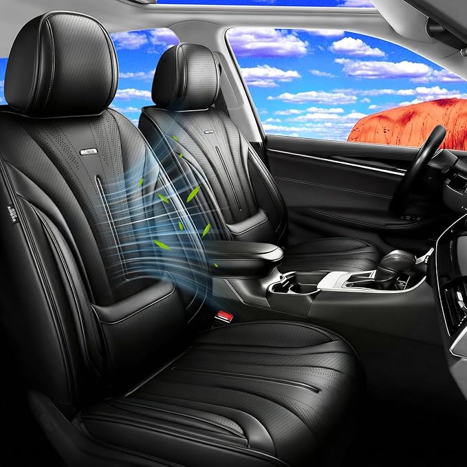 Fit Malibu Car Seat Covers (Front Pair) for Select Chevrolet/Chevy Malibu 2009-2025 - Full Coverage Leather, Airbag Compatible, Waterproof & All Weather Seat Cushion Protector, Black