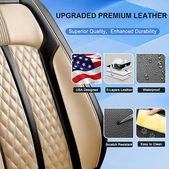 Fit Tahoe Car Seat Covers for Select Chevrolet/Chevy Tahoe 2000-2025 2026 - Full Coverage Leather, Waterproof & All Weather Seat Cushion Protector, Front Pair Black+Beige