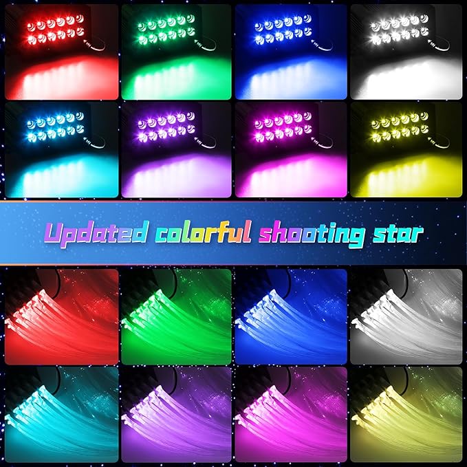 Car Starlight Headliner Kit, 4 Colors 32W Twinkle & Meteor Star Ceiling Lights, 2 in 1 Fiber Optic Light 4 Port Engine 700pcs*0.03in*13.1ft+240 RGBW Shooting Stars Lights for Car Home Roof Décor